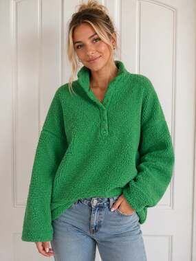 Aerie Women's Green Oversized Sherpa Button-Up Pullover Sweatshirt